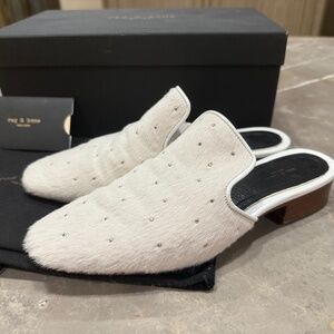 Rag & Bone Luis Loafer Mule in White Calf Hair Size 7 Studded Slip-On Block Heel